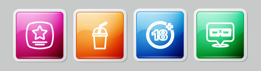 Set line Walk of fame star, Paper glass with water, Plus 18 movie and 3D cinema glasses. Colorful square button. Vector