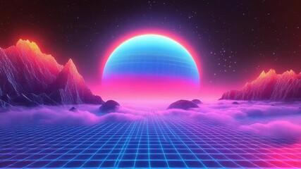 Retro synthwave digital landscape with grid and neon sun - Powered by Adobe