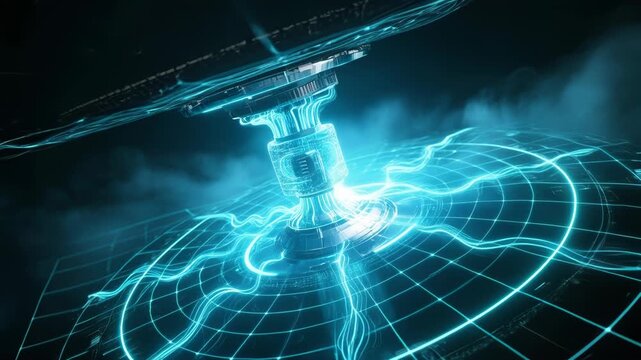 Futuristic neon energy core hologram circuit sci fi generator grid with blue light digital power tech ring vortex field, glowing AI cyberpunk engine