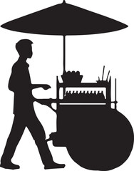 A silhouette depicts a street vendor pushing a cart with an umbrella. The scene is set in an alley, showcasing the urban vending lifestyle.