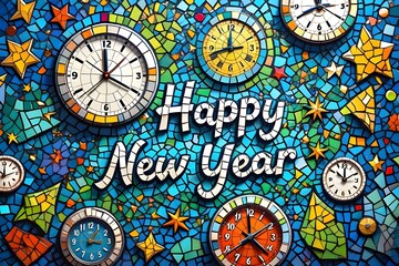 Happy new year mosaic with clocks and stars illustration