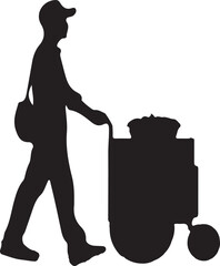 Silhouette of a street vendor wearing a cap and messenger bag, pushing a cart with goods down an alley.