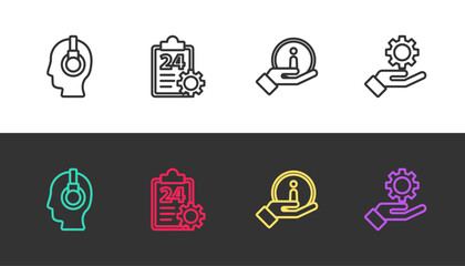 Set line Support operator in touch, Checklist with 24 hours service, Information and Settings the hand on black and white. Vector