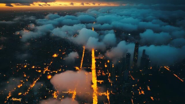 Cityscape at sunset with clouds and glowing city lights