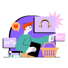 Person Holding Tablet Interacting With Online Shopping Elements Featuring Headphones Discount And Buy Button With A Shopping Basket In A Vibrant Abstract Design