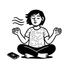 Person Meditating With Eyes Closed In Lotus Pose With Wavy Breath Lines And A Phone On The Floor In A Simple Line Art Drawing Style