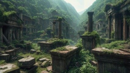 Ancient Ruins in Lush Jungle Valley, Overgrown Stone Structures and Pillars.
