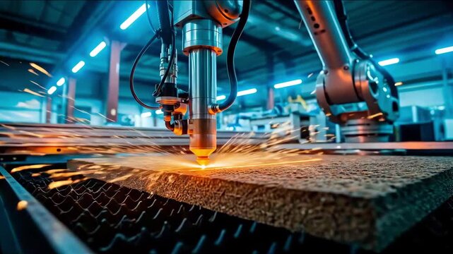 Robotic arm with CNC laser cutter processing material with sparks in an industrial workshop.