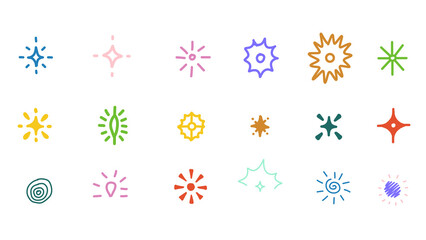 Set of Doodle Star Sparkles Icons. Hand Drawn Celebration Vector Elements Isolated on White Background. Festive Cartoon Twinkles. Transparent.
