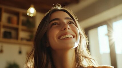 A woman smiling and looking up at the sky with a sense of joy and appreciation