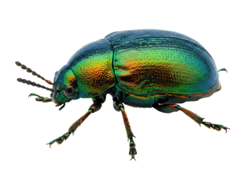 Iridescent beetle isolated on transparent background, vibrant green and orange insect with detailed exoskeleton for nature and science projects PNG