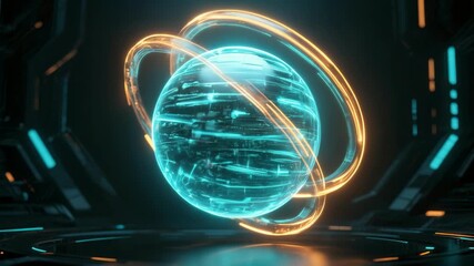 Futuristic energy core rotating hologram tech background sphere with neon glow and pulsating power dark sci fi chamber digital abstract cyberpunk 3D - Powered by Adobe