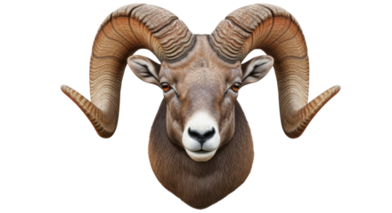 Isolated portrait of a ram head with majestic curved horns, staring ahead, mammal animal