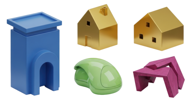 Isolated collection of toy objects for kids, stylized houses, building, and abstract forms