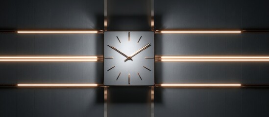 A modern clock with gold hands and markers, set against a gray wall with illuminated bars