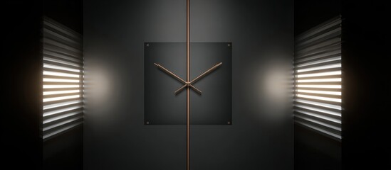 A minimalist clock with metallic hands on a square face, set against a dark background with blinds