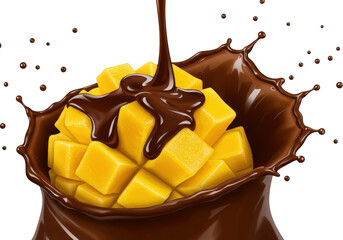 Fresh mango cubes drizzled with rich chocolate sauce isolated on transparent background