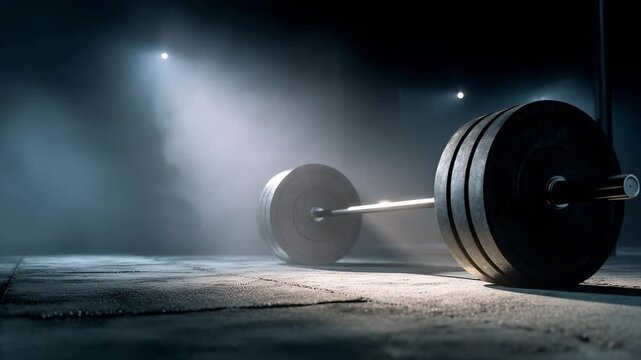 barbell rests on gym floor in dimly lit workout space. Strong shadows create dramatic atmosphere. Fitness enthusiasts focus on strength training and weightlifting for better performance.