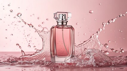 Pink perfume bottle with water splash on pastel background
