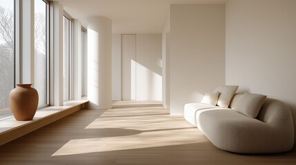 Sunlit Minimalist Living Space with Curved Linen Sofa, Oak Floors, and High Walls for Architectural Projects

