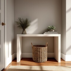 Minimalist Entryway with White Console, Rattan Basket, and Oak Floors for Wellness App Marketing

