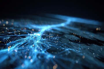 Abstract artwork depicting a network of connected glowing points in a dark, blurred environment