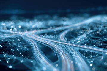 Abstract digitally rendered image of glowing light trails and interconnected network nodes