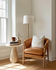 Cozy Minimalist Reading Nook with Tan Leather Chair, Oak Table, and Warm Light for Interior Design Promotion

