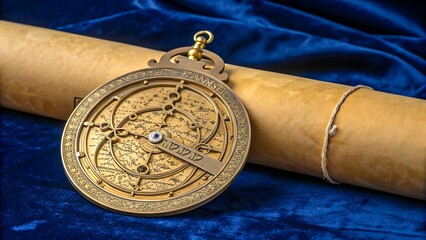 Ancient brass astrolabe on blue velvet background
