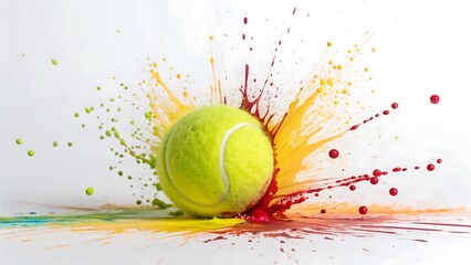 Tennis ball with colorful powder splash on white background

