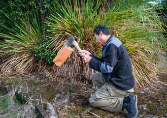 Man chopping wood in the backyard