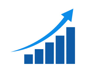 Blue bar chart with upward trend arrow isolated on transparent background