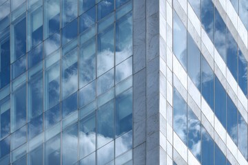 Obraz premium An angled view of a modern skyscraper's glass facade reflecting a cloudy sky