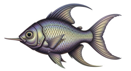 Isolated detailed fish with elongated beak and artistic coloration illustration image