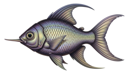 Isolated detailed fish with elongated beak and artistic coloration illustration image