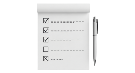 Isolated clipboard with checkboxes and a pen, representing a to-do list in progress