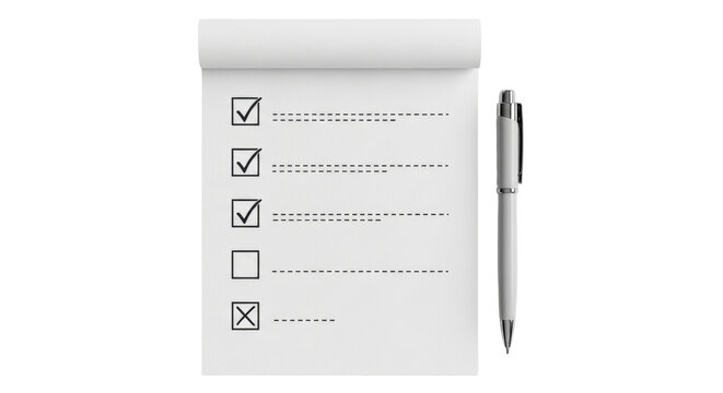 Isolated clipboard with checkboxes and a pen, representing a to-do list in progress