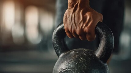 hands lift kettlebell in fitness center during workout. athlete trains strength and endurance while focusing on fitness and health. gym atmosphere promotes motivation and dedication. - Powered by Adobe