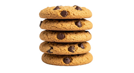 Isolated stack of five delicious chocolate chip cookies, sweet biscuit dessert treat