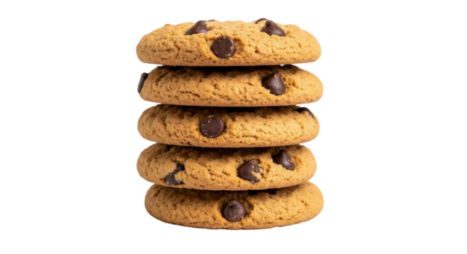Isolated stack of five delicious chocolate chip cookies, sweet biscuit dessert treat