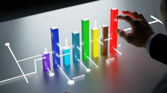 Man interacting with an augmented reality bar graph and glowing data lines for business analysis footage