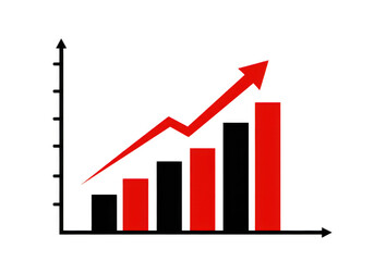 Red bar chart with upward trend arrow isolated on transparent background