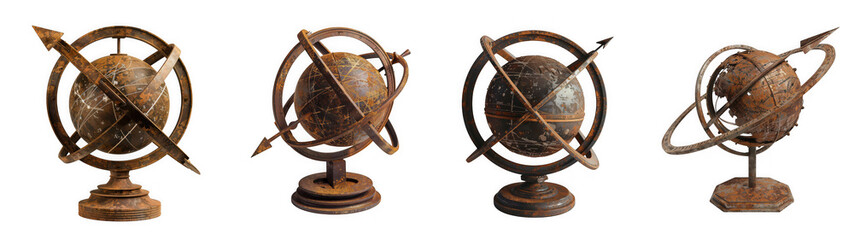 Obraz premium Four antique armillary spheres with a rustic, weathered texture, displayed together on a transparent background