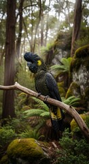 Yellow-tailed Black Cockatoo Perched on Branch in Lush Forest.