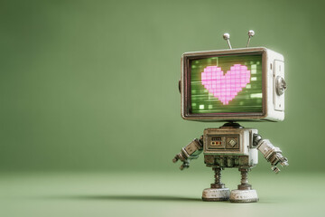 Whimsical retro robot broadcasting love with pixelated heart on screen against a calming green backdrop, ideal for tech romance or nostalgic themes