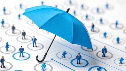 Business insurance and protection concept with blue umbrella and people network
