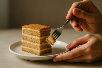 close up delicious Slice of Cake on Elegant Plate with Fork