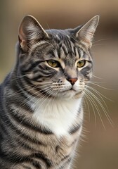 Obraz premium Attentive Tabby Cat Portrait - Focused Feline with Striking Markings.