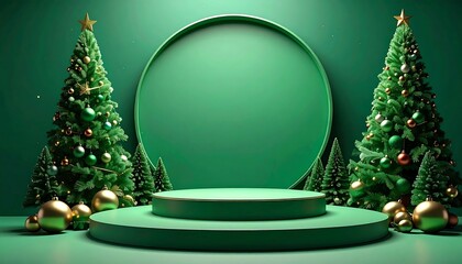 A festive holiday scene with a circular podium and backdrop flanked by decorated fir trees, golden baubles, and smaller conifer trees