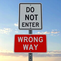 Obraz premium Street signs, warning about entering, and the wrong way, sky backdrop